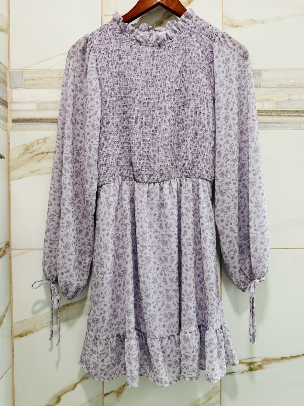 Vintage Cottagecore Lavender Floral Smocked Mini Dress Prairie Romantic Small - Picture 3 of 14